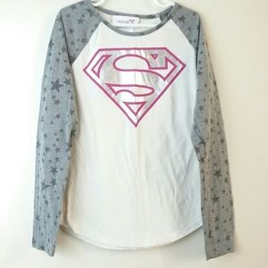 3/$20 SuperGirl Girls L 10/12 Long Sleeve Tee White Gray